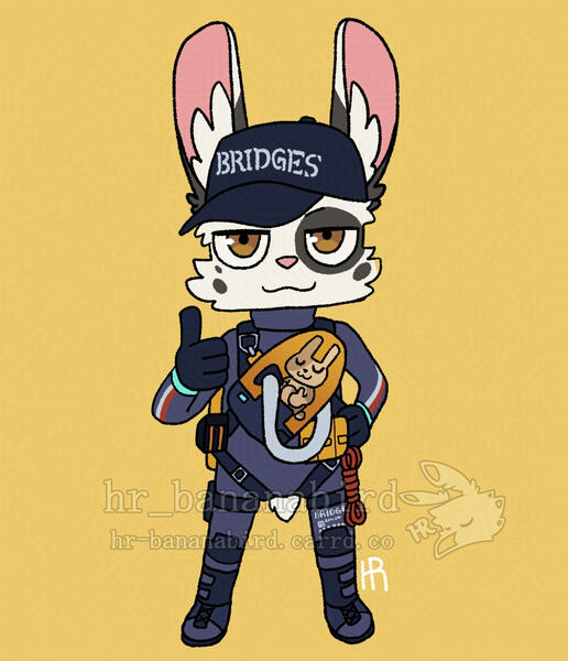 commission 2025-01-16 Digital art of a chibi anthro rabbit with black spots on white fur, looking towards the viewer with a thumbs up. They are wearing gear from the game Death Stranding, including the baby pod with an anthro baby rabbit inside doing a thumbs up as well.