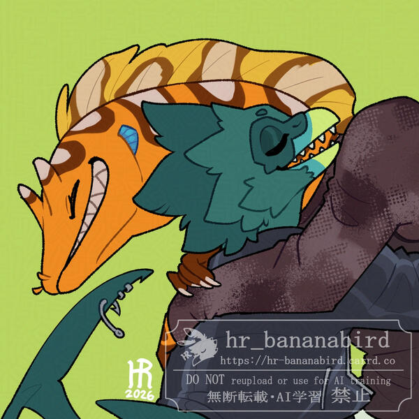Digital art of an anthro dragon moray eel dude tightly hugging an anthro rooster/shark hybrid character. They both have a huge smile on their face.