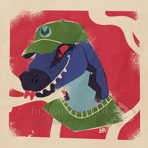 Digital art in a vintage risograph style of a blue anthro raptor with a black zigzag marking on the neck. They're wearing a green shirt and cap, smiling with their forked tongue out.