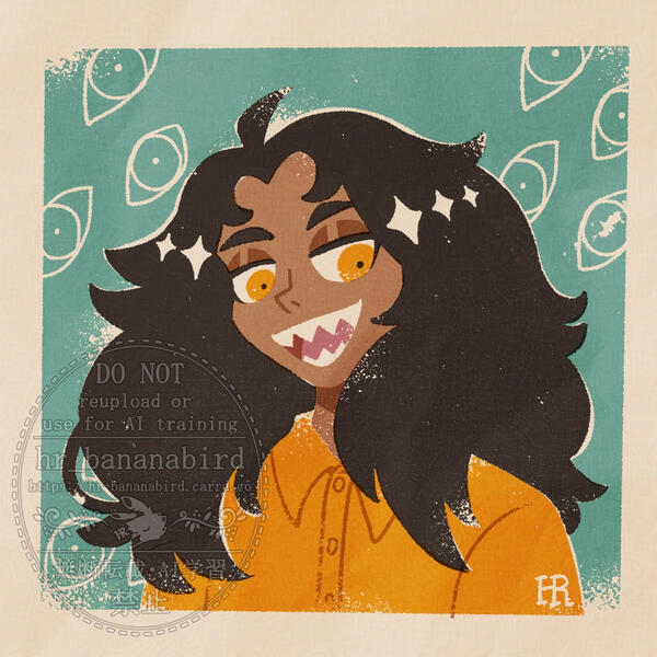 Digital art in a vintage risograph style of a headshot of a man with a brown skin tone, orange eyes and long wavy black hair, smiling towards the viewer. He is wearing an orange button-up.